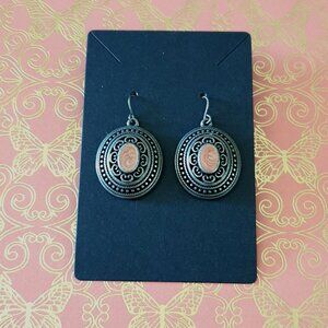 Antique Style Oval Drop Earrings Enamel Peach Center Vintage Costume Fashion